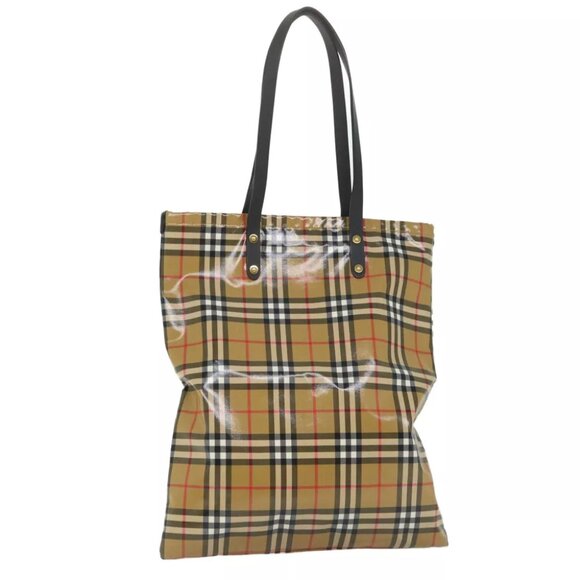 BURBERRY Nova Check Tote Bag Coated Canvas Beige Black Auth 58067 - Picture 1 of 16